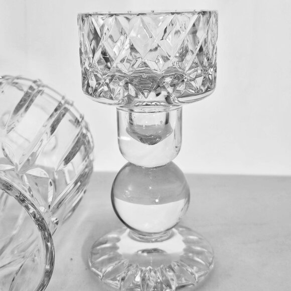 Block Cut Crystal Candle Hurricane Lamp 12" diamond slashes luxury glass decor - Picture 5 of 8